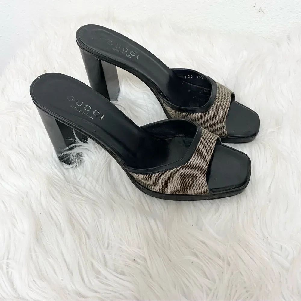 GUCCI leather trim taupe canvas open chunky heel mule 7.5 EUR 38